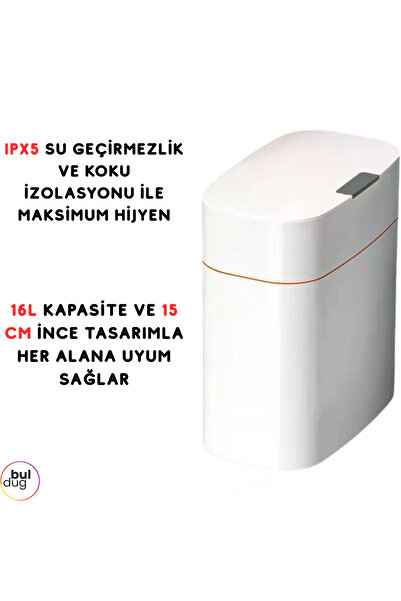 Buldug Akıllı Sensörlü Otomatik Çöp Kovası – 16L – 15 cm Dar Alan Tasarım – I...
