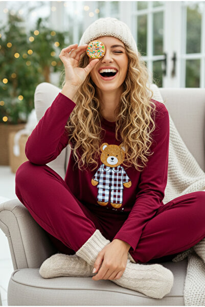 Siyah İnci Bordo Teddy Bear Printed Knitted Pajama Suit 7968