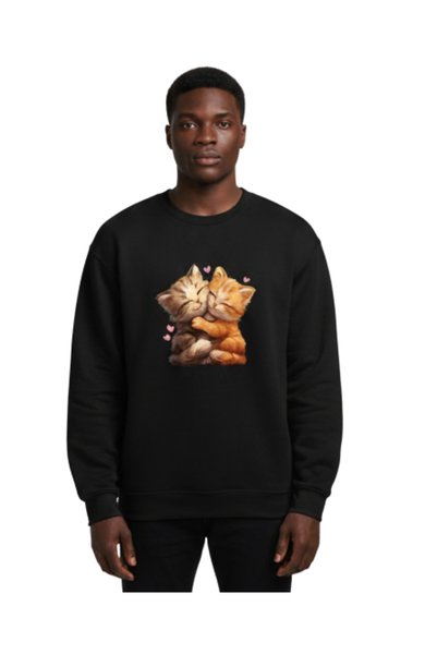 R&M Brotherhood KEDİ BASKILI OVERSİZE (BÜYÜK BEDEN) SWEATSHIRT KEDİ SEVERLER İÇİN YENİ TREND