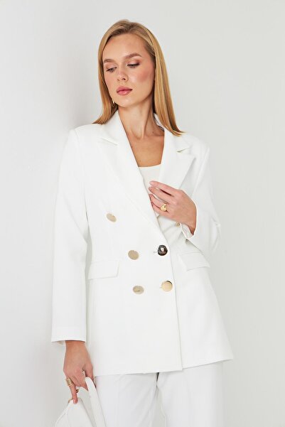 LOVELF Premium Büyük Gold Düğmeli Kruvaze Takım Beyaz