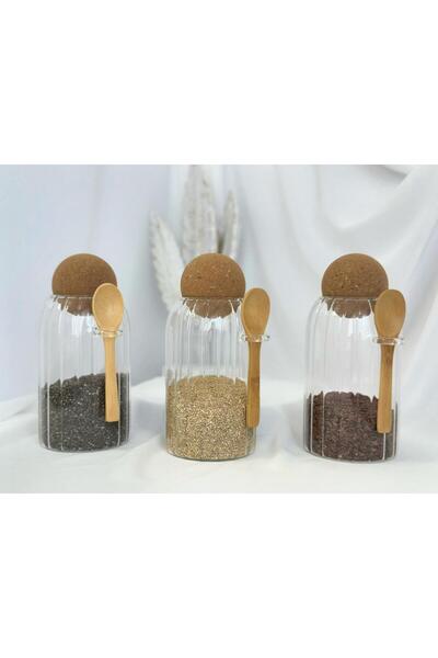 aden glass Mantar Kapak Kaşıklı Bakliyat Kavanozu Çok Amaçlı 3lü Set 9*15Cm