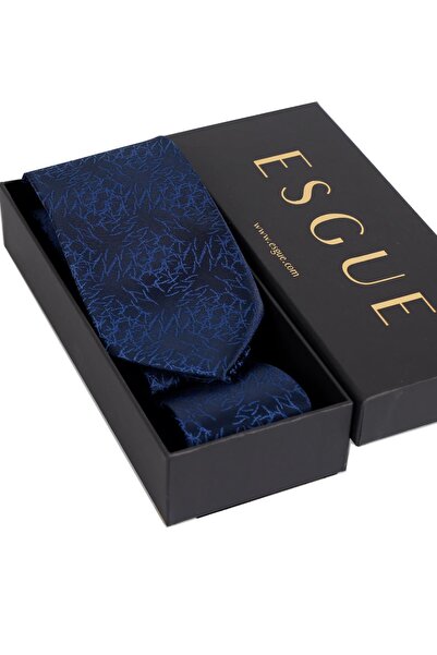 Esgue 8 cm Classic Wide Hand Made Navy Blue Patterned Handkerchief Tie