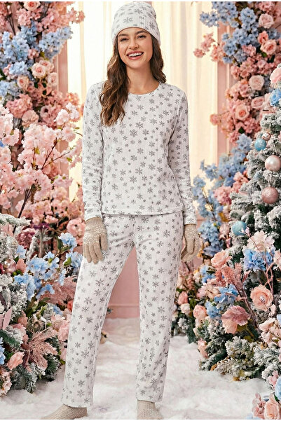 Siyah İnci White Snowflake Pattern Soft Tuşe Winter Corded Fabric Cotton Knitted Pajama Set 7956