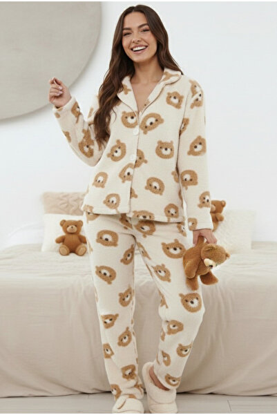 Siyah İnci Ecru Teddy Bear Patterned Buttoned Wellsoft Pajama Set 7922