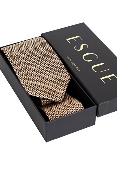 Esgue 8 cm Classic Wide Hand Made Black - Beige Geometric Pattern Handkerchief Tie