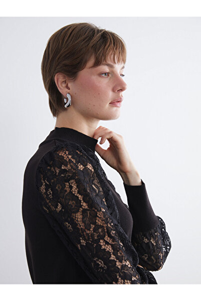 LC Waikiki Classic Black Half Turtleneck Lace Detailed Women's Knitwear Sweater