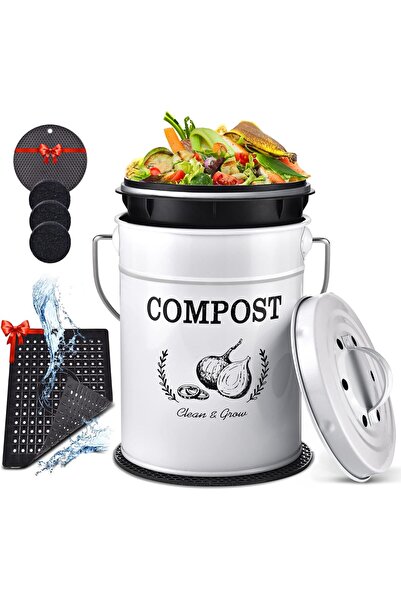 AOSION Kitchen Compost Bin Counter, 1.0 Gallon Indoor Compost Bin with Lid, White