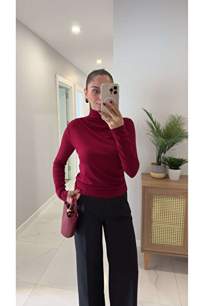 BİRCANÇİL Veyon Burgundy Turtleneck Gathered Blouse