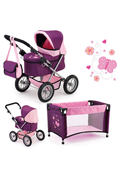 Bayer Trendy Charlene Plum foldable stroller and doll bed set, metal frame, adjustable handle up to