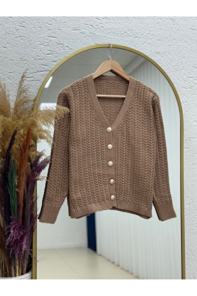 MİHRA STORE Lametta Gold Buttoned Knitted Pattern Knitwear Cardigan-Sy478 Mink