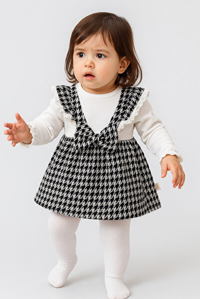 Chicsy Baby Kız Bebek Ekose Desenli Fiyonklu Askılı Elbise Takım