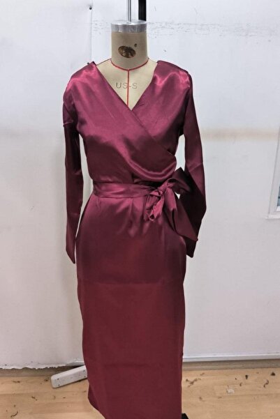 Mossta Double-Breasted Long Satin Dress with Neckline Belt - Burgundy
