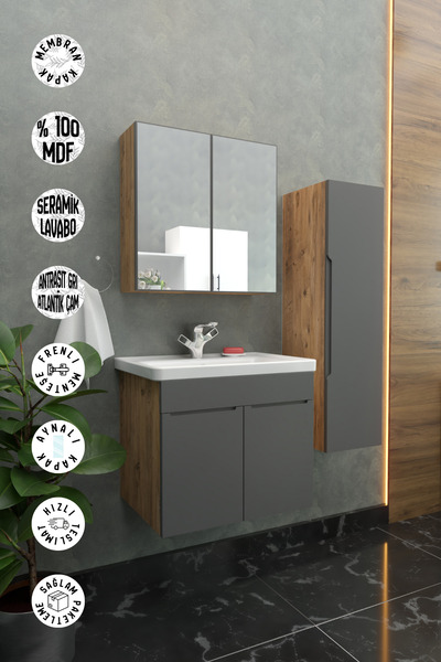 makbulce Şarkışla Havlu Dolaplı 65cm Seramik Lavabolu Membran Kapaklı MDF Aynalı Banyo Dolabı