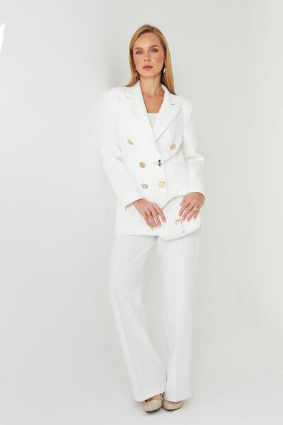 LOVELF Premium Büyük Gold Düğmeli Kruvaze Takım Beyaz