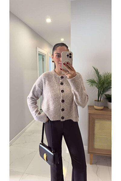 BİRCANÇİL Dlvin Fus Mink Melange Buttoned Slit Cardigan