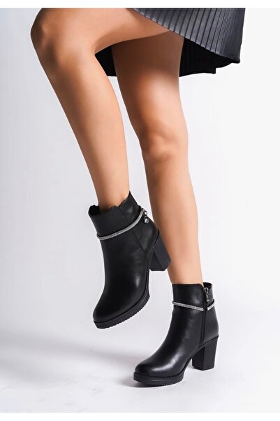 Anıl Ayakkabı Lotus Women's Black Ankle Stone Detail Zippered Thick Heel Boots