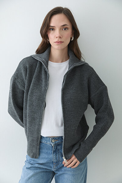 Laluvia Anthracite Double Zipper Cardigan - 251080