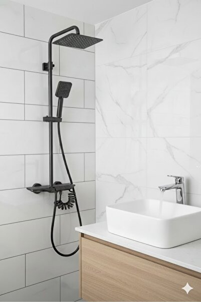 VSA Yeni Mars Antrasit Tuşlu Tepe Duş Yağmurlama Banyo Robot Seti Ve Krom Lavabo Çift Girişli Batarya