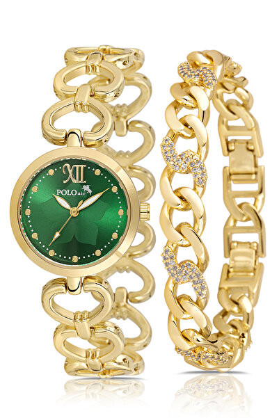 Polo Air ساعة يد نسائية على شكل قلب مع سوار دائري مزيج من اللون الذهبي والأخض...