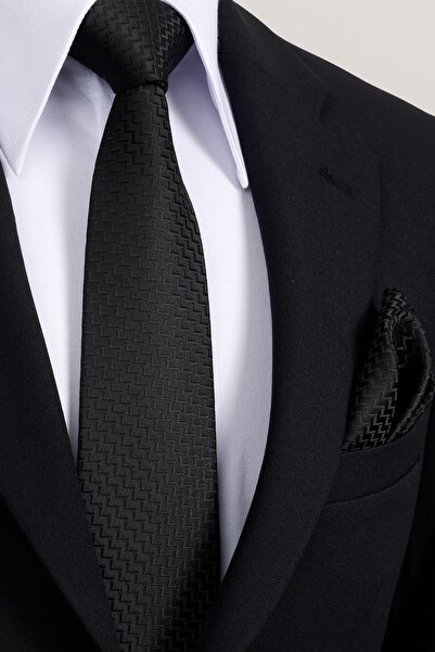 Esgue 8 cm Classic Wide Hand Made Black Striped Pattern Handkerchief Tie