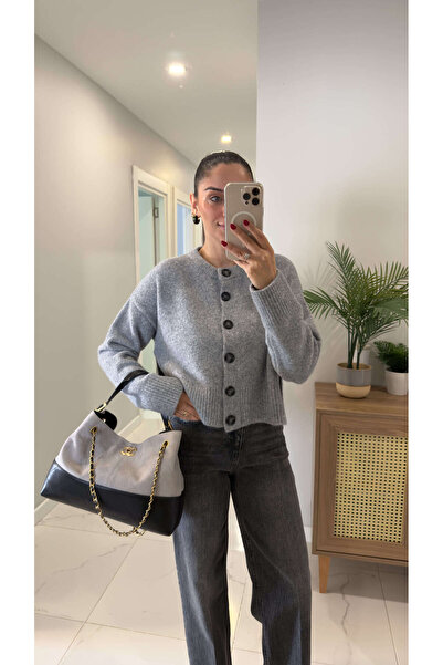 BİRCANÇİL Dlvin Fus Gray Melange Buttoned Slit Cardigan