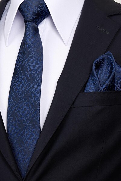 Esgue 8 cm Classic Wide Hand Made Navy Blue Patterned Handkerchief Tie