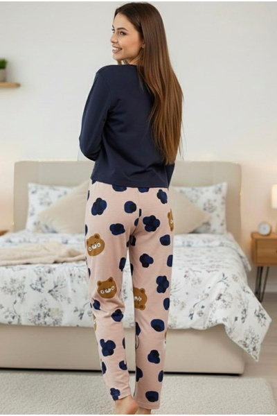 Siyah İnci Salmon Coffee Teddy Bear Patterned Cotton Knitted Pajama Set 7974