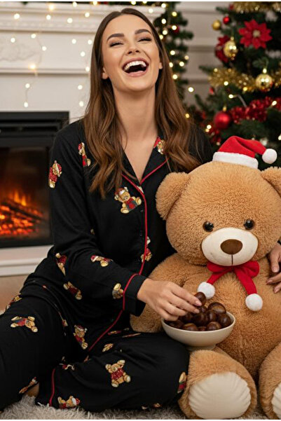 Siyah İnci Black Teddy Bear Patterned Christmas Themed Soft Textured Suede Knitted Pajama Set 7588