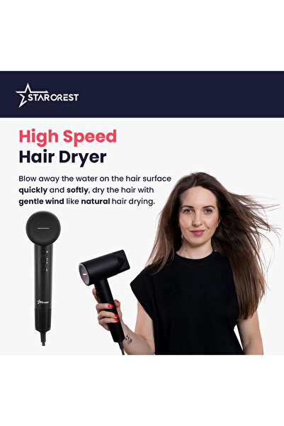 STARCREST SHD-2BK-DIF Hair Dryer, Curly Hair Diffuser, 1600W, Ionic, 3 Heat, 2 Speed, Cool Shot