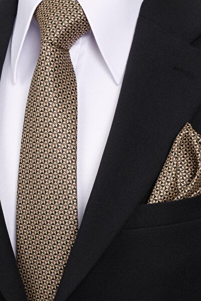 Esgue 8 cm Classic Wide Hand Made Black - Beige Geometric Pattern Handkerchief Tie