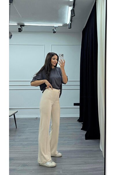 Daves Flared Palazzo Pantalon Camel with Grass Green Front