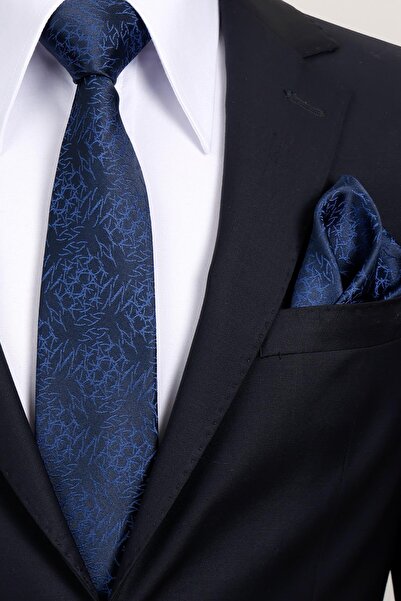 Esgue 8 cm Classic Wide Hand Made Navy Blue Patterned Handkerchief Tie