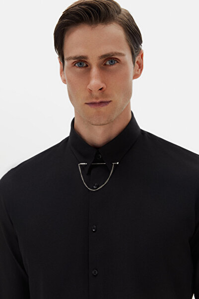 Twn Slim Fit Black Crepe Pattern Shirt