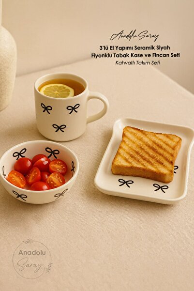 Anadolu Saray 3-Piece Handmade Ceramic Black Bow Plate Bowl and Cup Set Breakfast Set