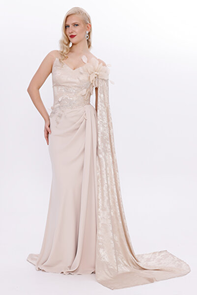 BDM Exclusive Kadife ve Krep Drapeli Çiçek Aplikeli Nakış İşlemeli Premium Abiye Elbise