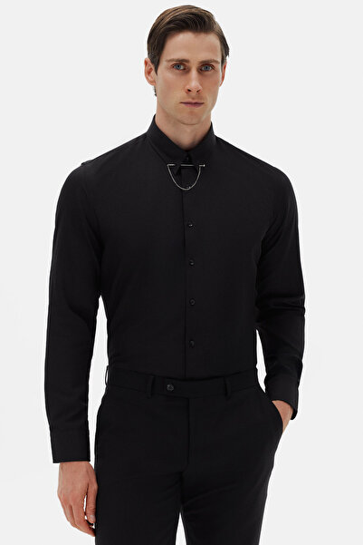 Twn Slim Fit Black Crepe Pattern Shirt
