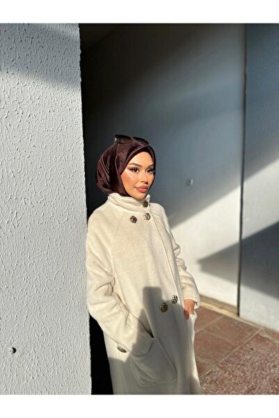 Minel Women's Beige Long Buttoned Coat 01