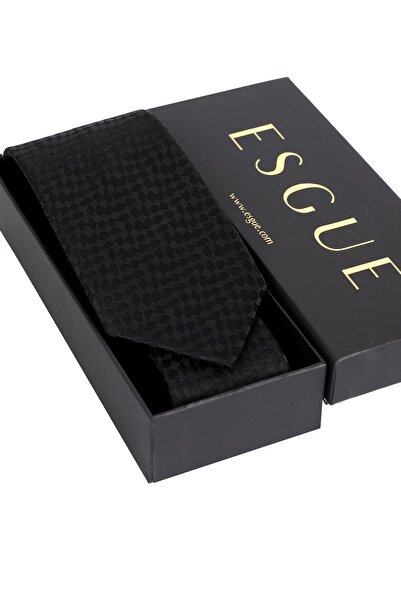 Esgue 8 cm Classic Wide Hand Made Black Shadow Patterned Handkerchief Tie