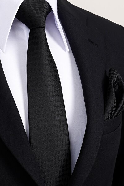 Esgue 8 cm Classic Wide Hand Made Black Shadow Patterned Handkerchief Tie