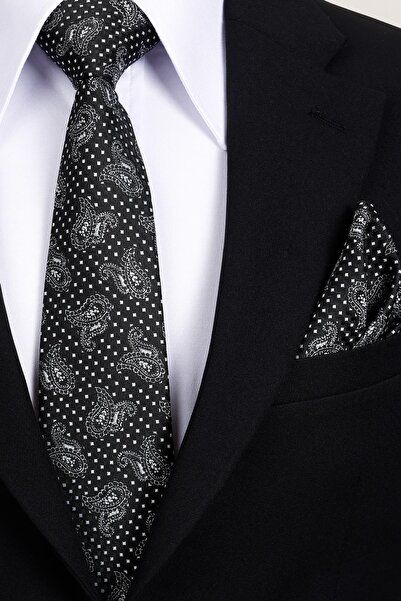 Esgue 8 cm Classic Wide Hand Made Black - White Shawl Pattern Handkerchief Tie