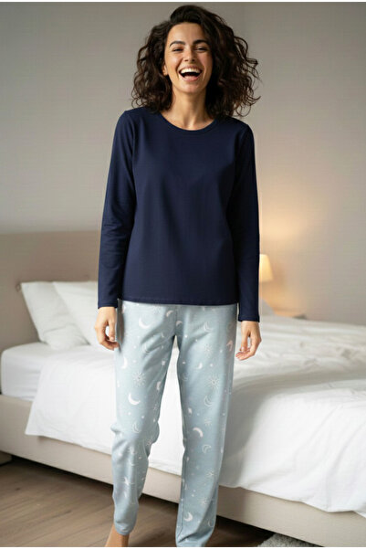Siyah İnci Blue Moon Patterned Cotton Knit Pajama Set 7974