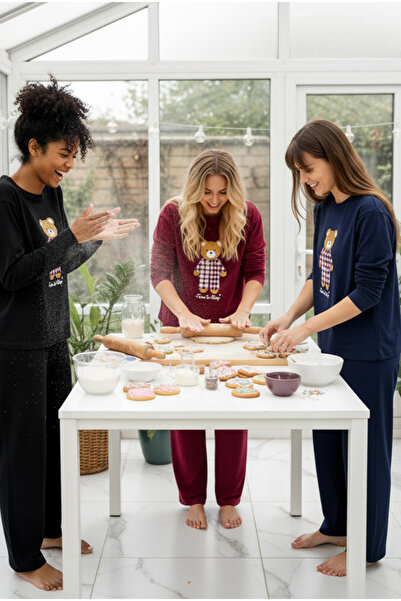 Siyah İnci Bordo Teddy Bear Printed Knitted Pajama Suit 7968