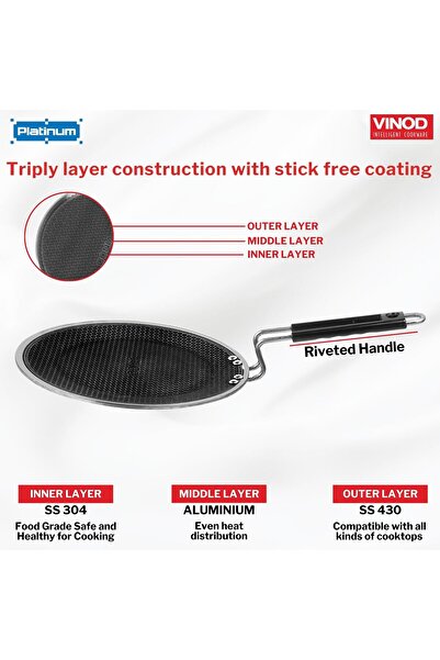 Vinod Platinum Triple-Layer Stainless Steel Tawa - 25 cm (Induction Compatible), Silver