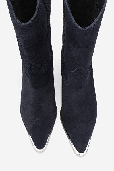 LuviShoes Alvi Navy Blue Suede Genuine Leather Metal Detailed Women's Western Boots