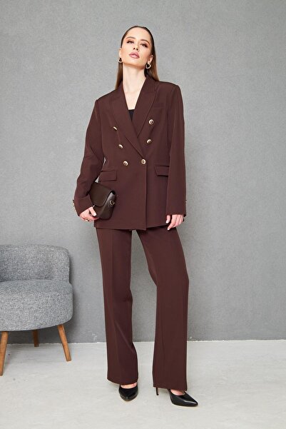 SheBoss Gold 6 Düğmeli Kruvaze Takım Kahve