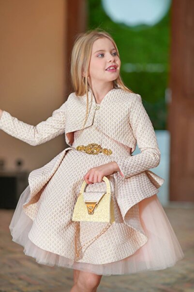 jood kids Jakarlı kumaştan ceket abiye elbise el çantası