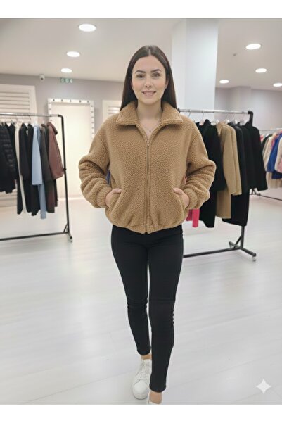PINTORE Kadın Taba Fermuarlı Kıvırcık Kumaş Kısa Ceket