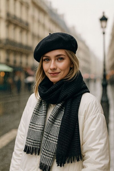 MARBERRY Black Houndstooth Double-Sided Scarf and French Painter Beret Set of 2