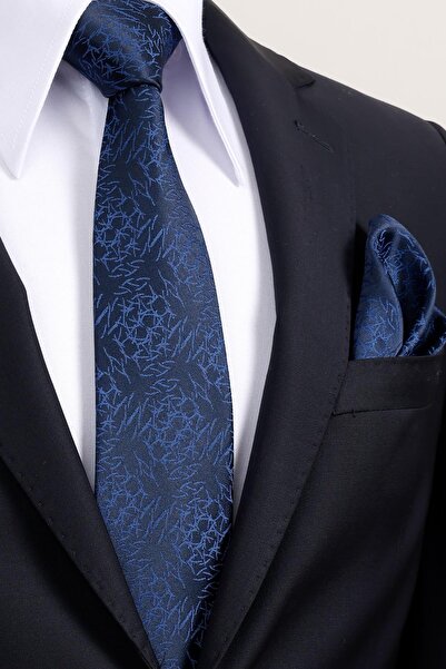 Esgue 8 cm Classic Wide Hand Made Navy Blue Patterned Handkerchief Tie