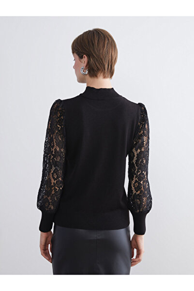 LC Waikiki Classic Black Half Turtleneck Lace Detailed Women's Knitwear Sweater